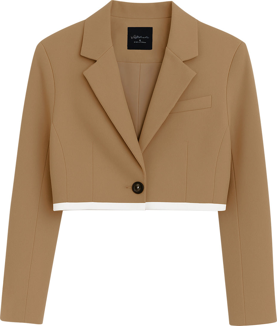 Blazer Casual Corto Para Dama Mod. Bj07377 Marca. Blashe® Marrón Claro Lisa