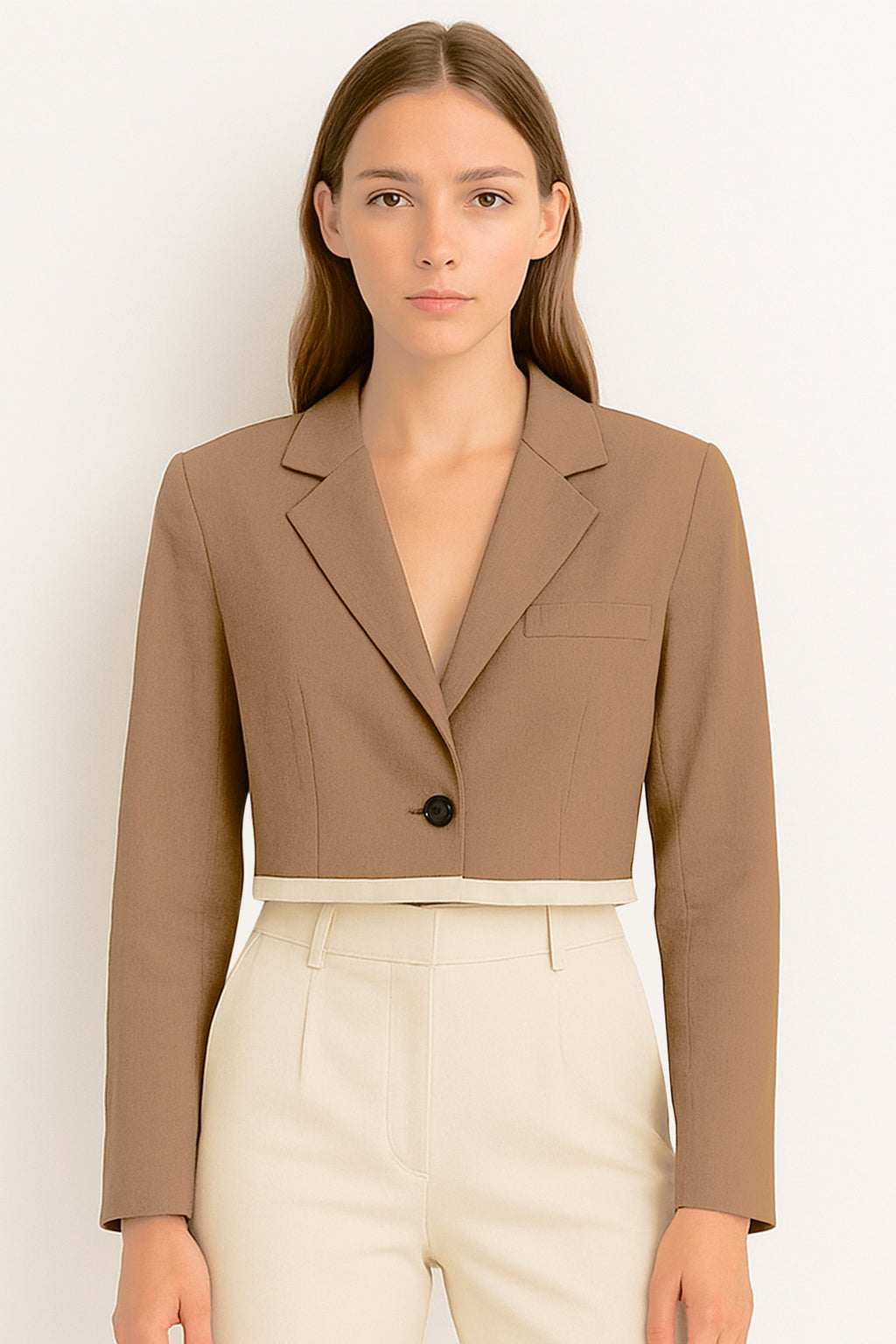 Blazer Casual Corto Para Dama Mod. Bj07377 Marca. Blashe® Marrón Claro Lisa