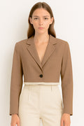 Blazer Casual Corto Para Dama Mod. Bj07377 Marca. Blashe® Marrón Claro Lisa
