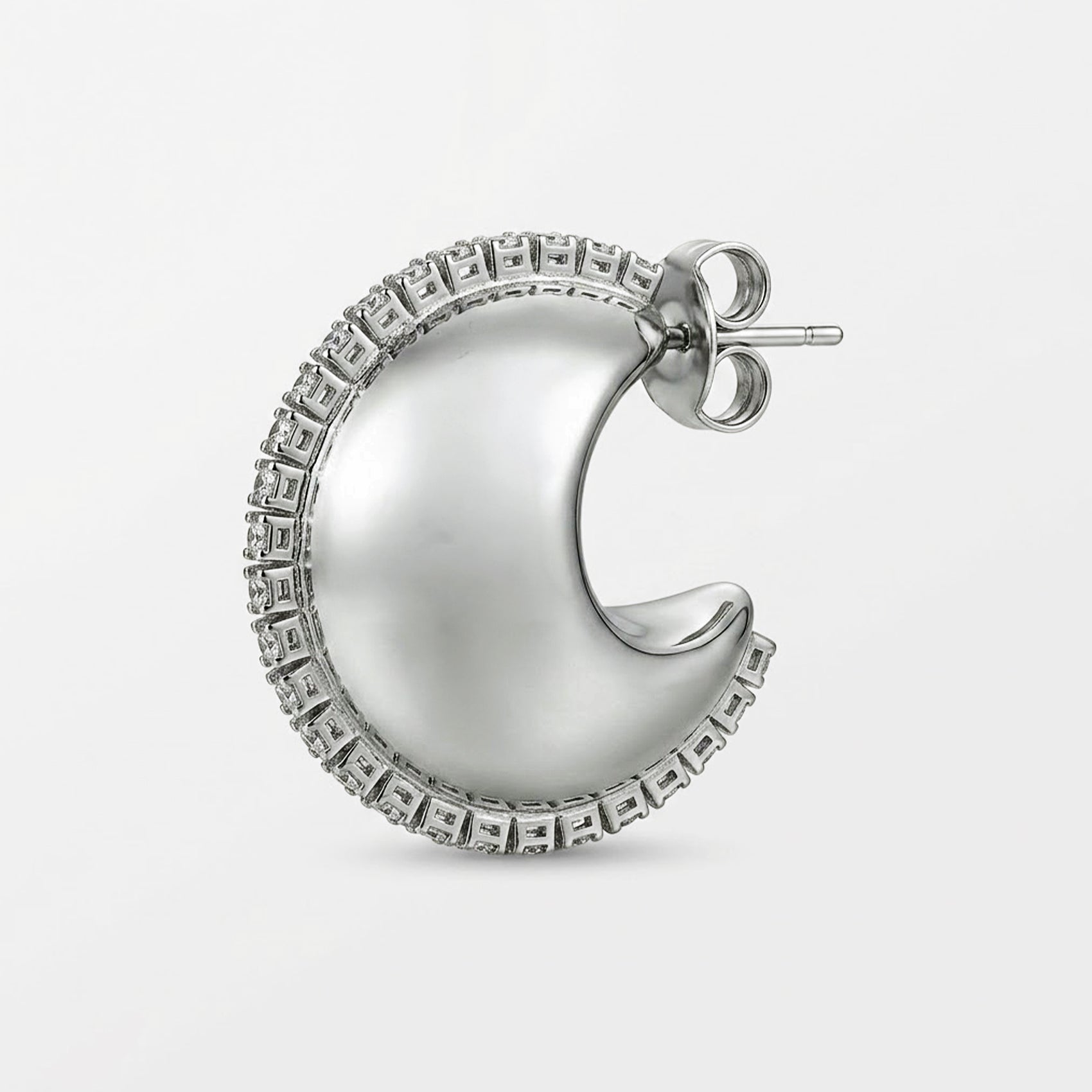 Aretes Arracada Media Luna Chunky Plateada Con Pedrería