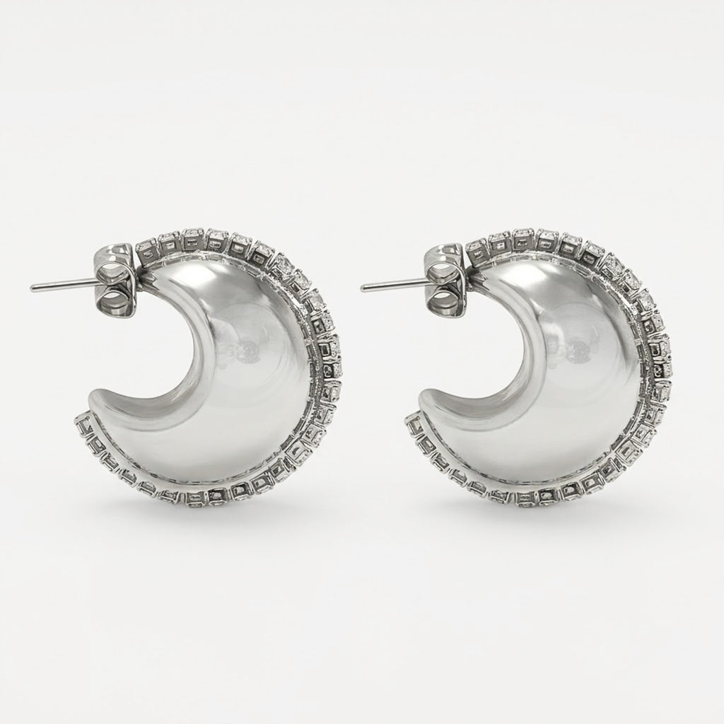 Aretes Arracada Media Luna Chunky Plateada Con Pedrería