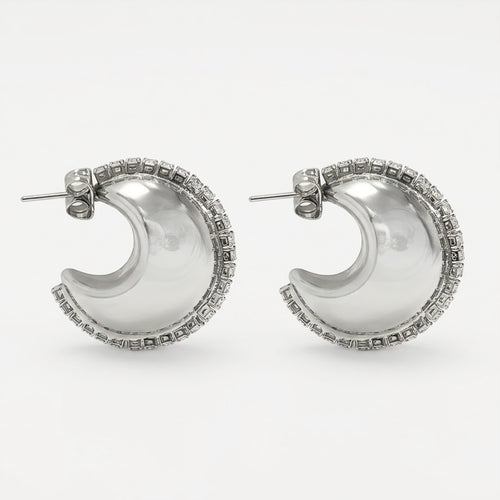 Aretes Arracada Media Luna Chunky Plateada Con Pedrería