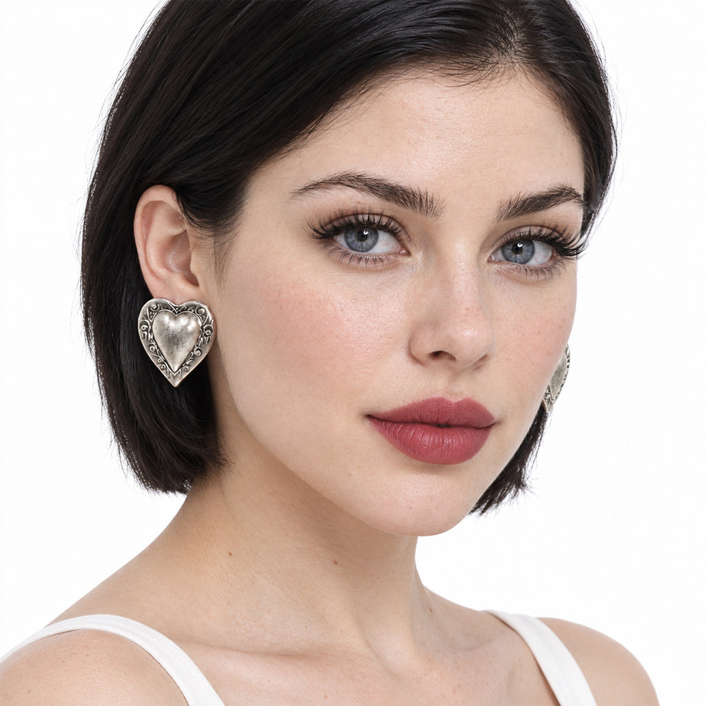 Aretes De Corazón Para Mujer Bisutería Fina Plateados 4cm