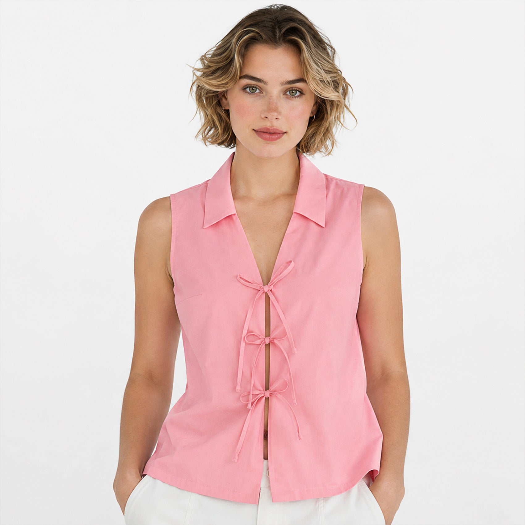 Blusa Cuello Camisero Lazos Frontales 2425 London Fashion®