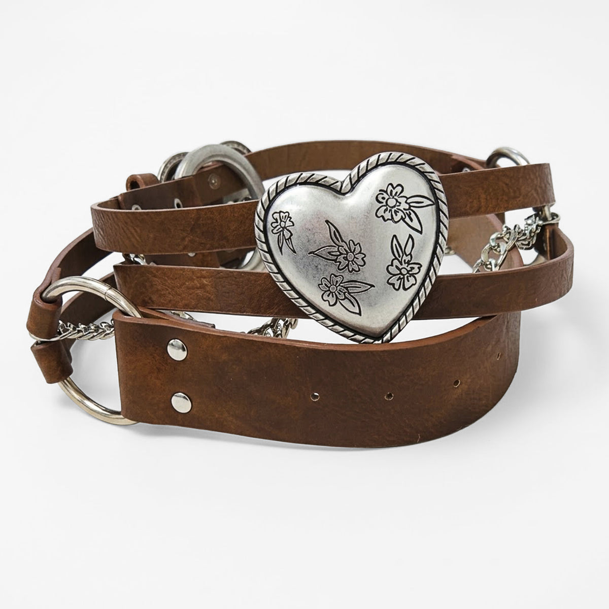 Cinturón Vintage Para Mujer Con Corazones Plateados Y Cadena