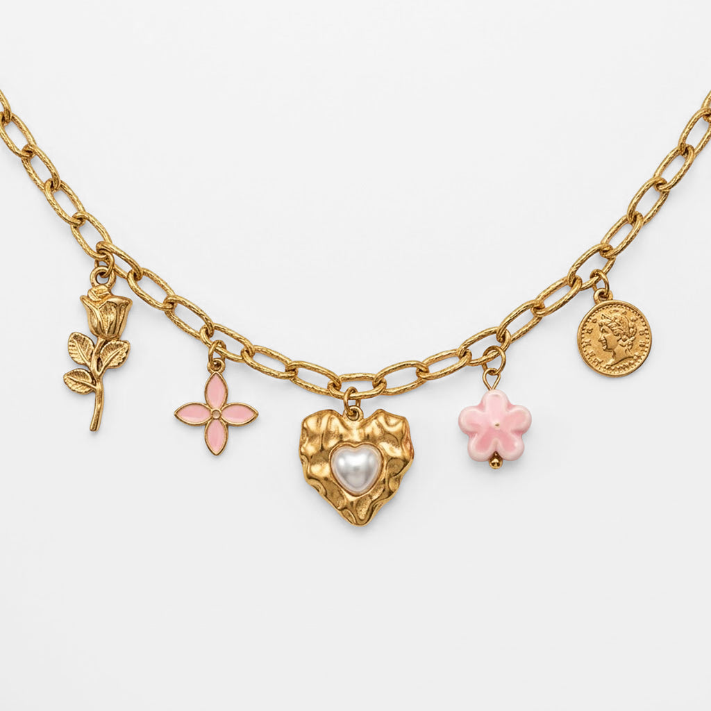 Collar Dorado Para Mujer Con Dijes Románticos Bisutería Fina