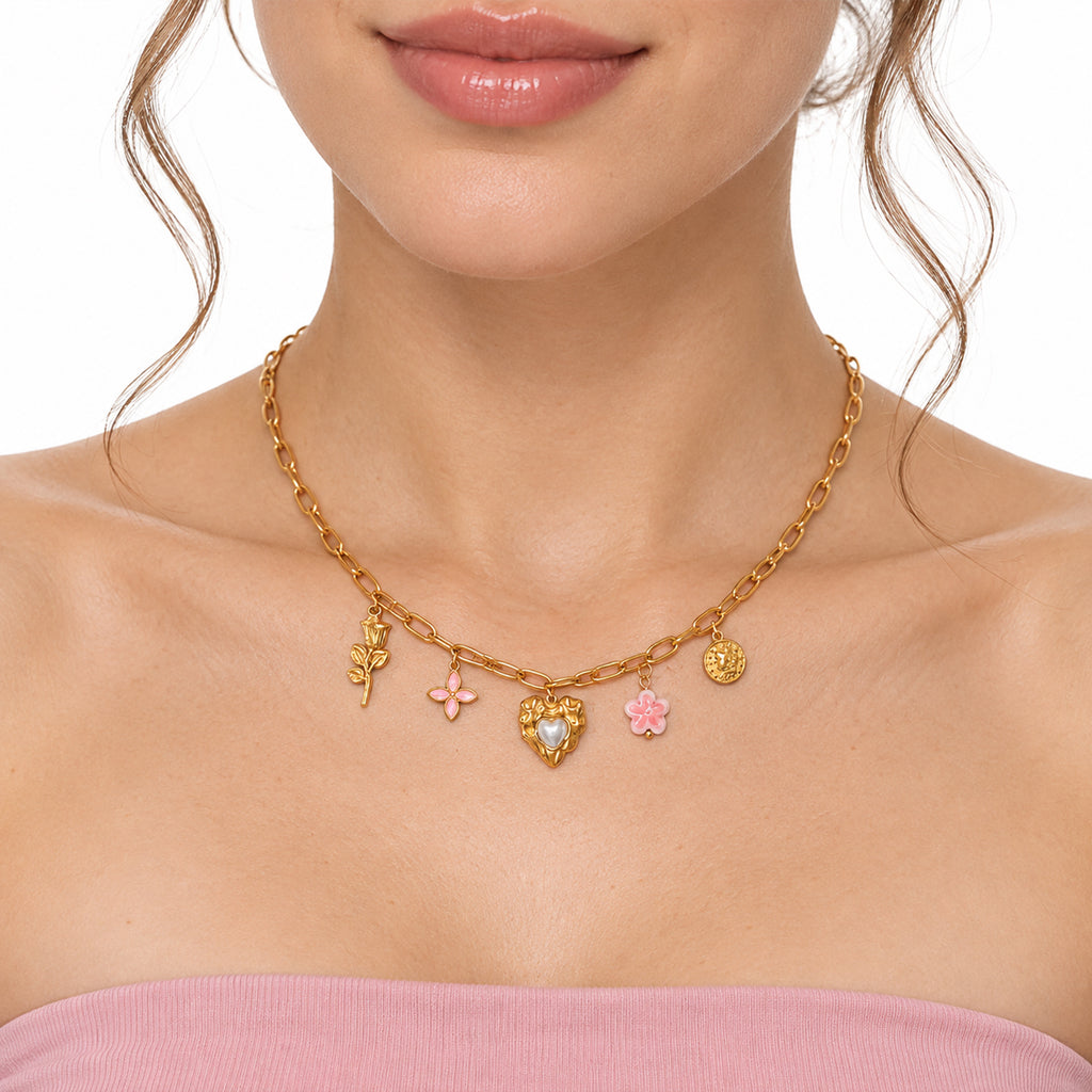 Collar Dorado Para Mujer Con Dijes Románticos Bisutería Fina