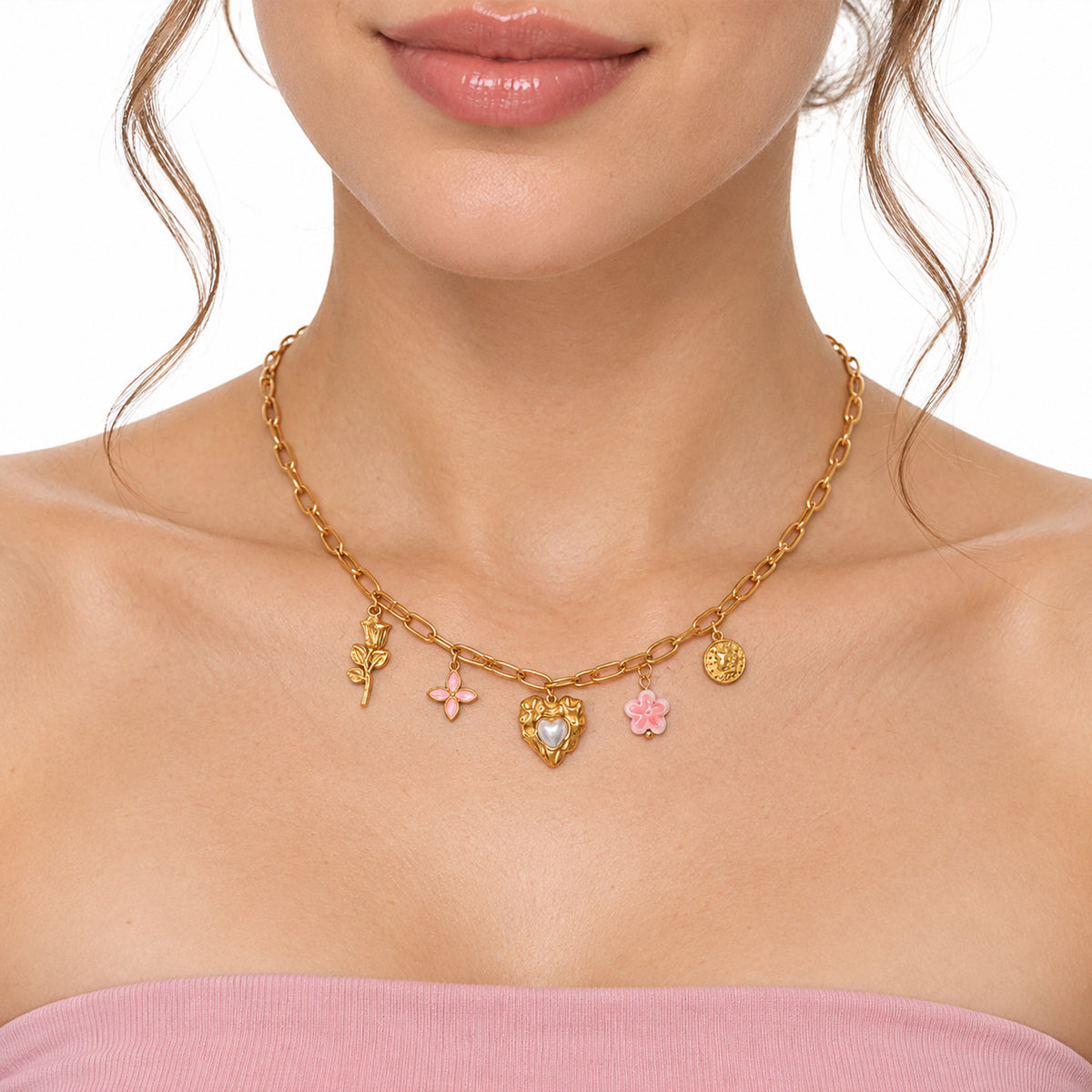 Collar Dorado Para Mujer Con Dijes Románticos Bisutería Fina