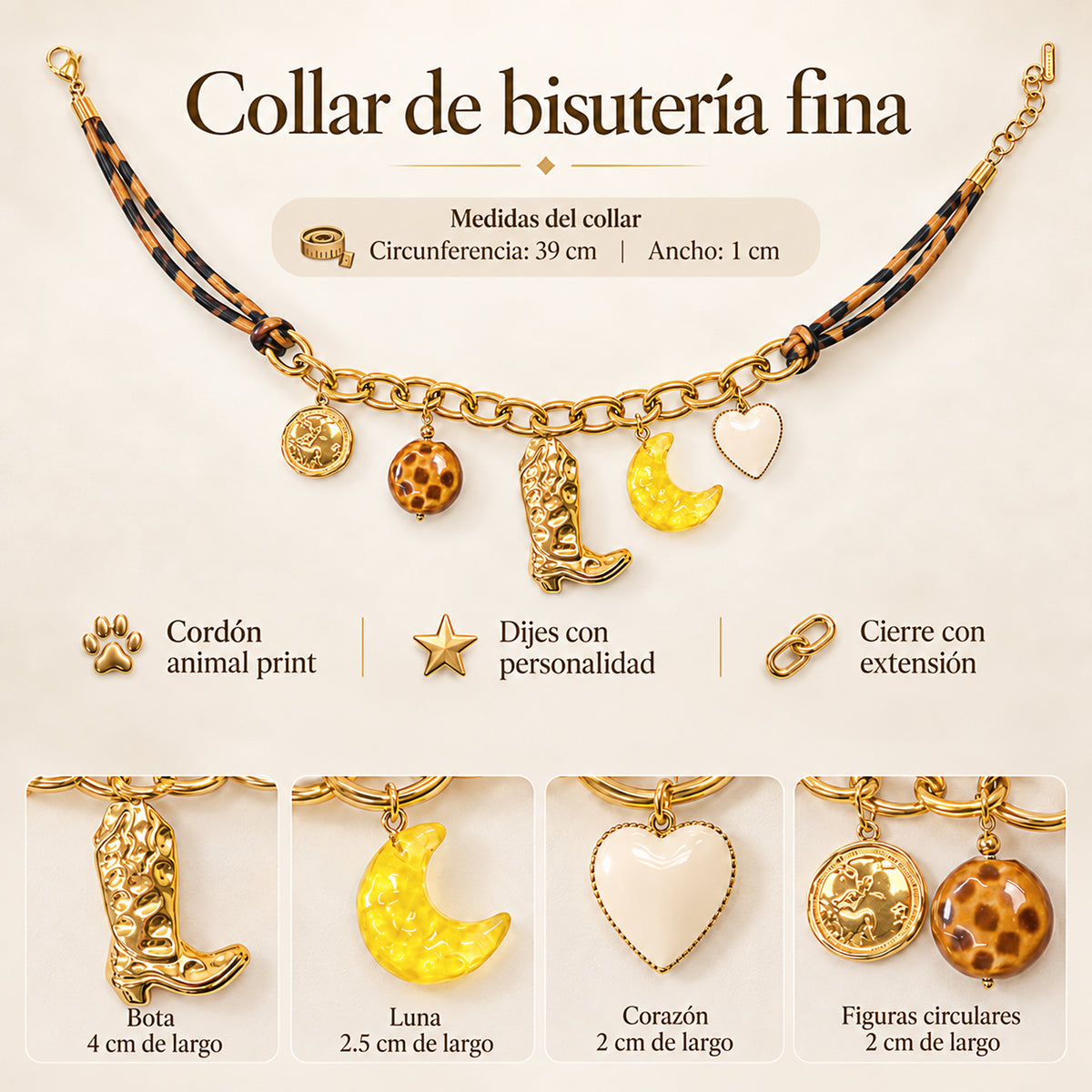 Collar Animal Print Con Dijes Para Mujer Bisutería Fina