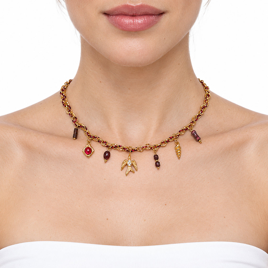 Collar De Mujer Cadena Entrelazada Estilo Bohemio Con Dijes
