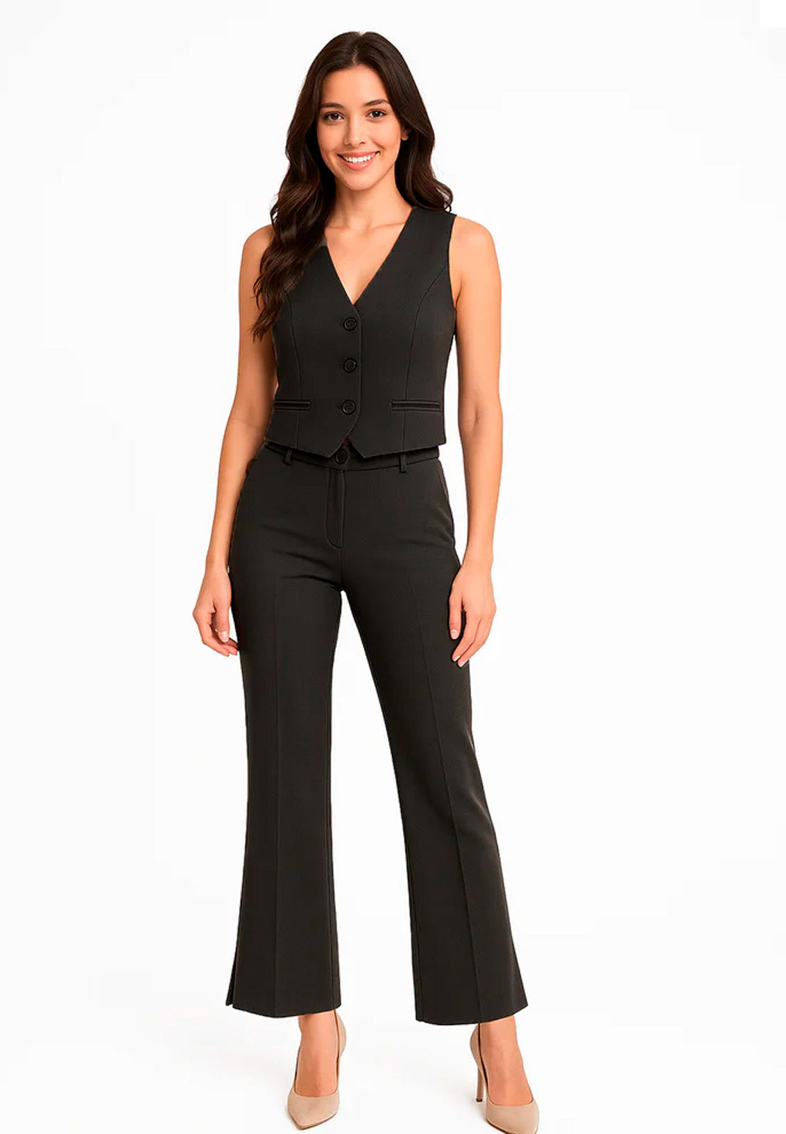 Conjunto Casual Chaleco + Pantalón Mod. Ip9098 Marca Iris® Negro Lisa