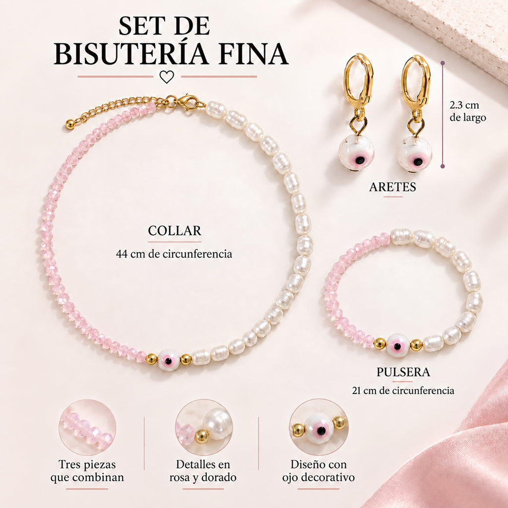 Set Collar, Pulsera Y Aretes Ojo Turco Rosa Bisutería Fina
