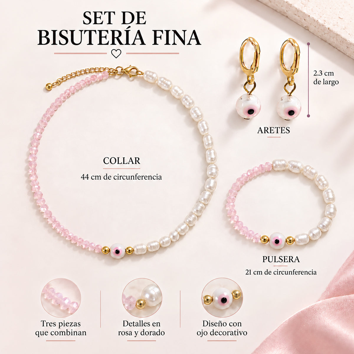 Set Collar, Pulsera Y Aretes Ojo Turco Rosa Bisutería Fina