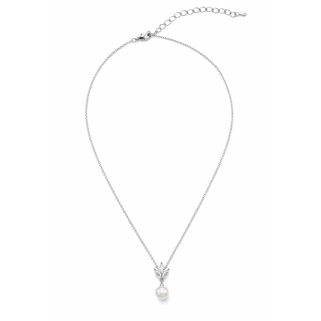 Set Joyería Elegante De Mujer Collar Y Aretes Flor De Perla Plateado