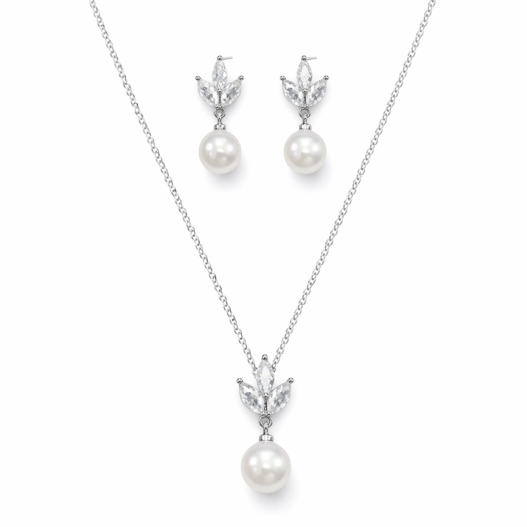 Set Joyería Elegante De Mujer Collar Y Aretes Flor De Perla Plateado