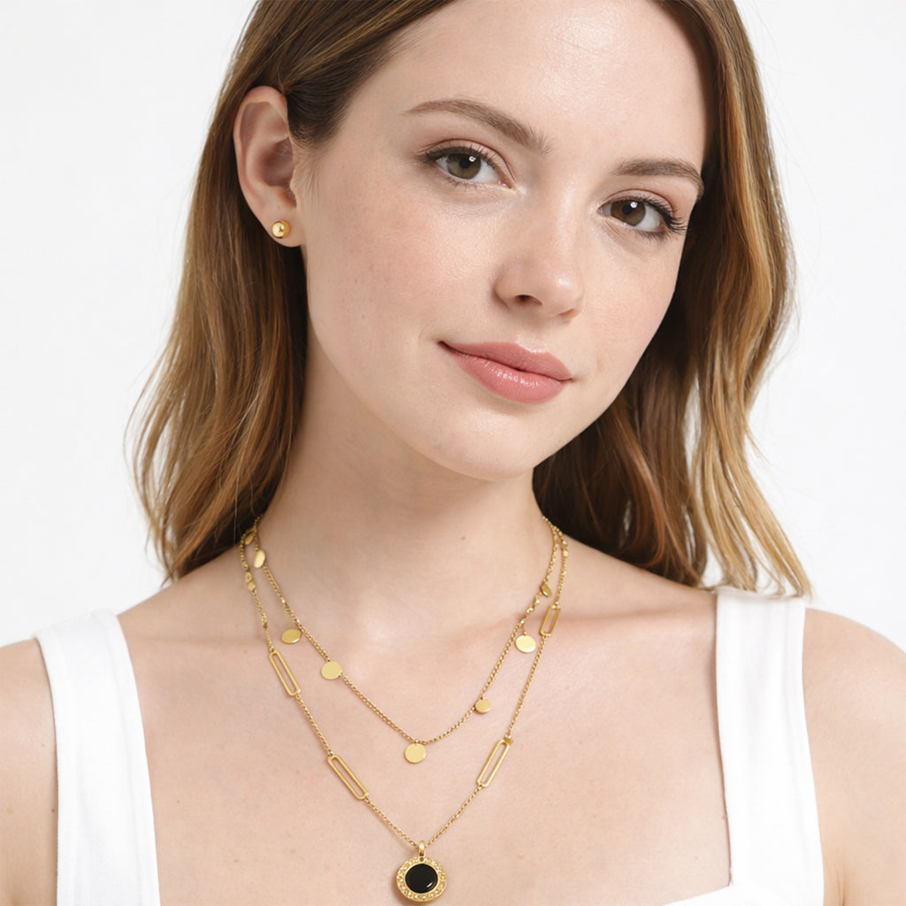 Set Joyería Elegante Collar Y Aretes Layering Con Colgante