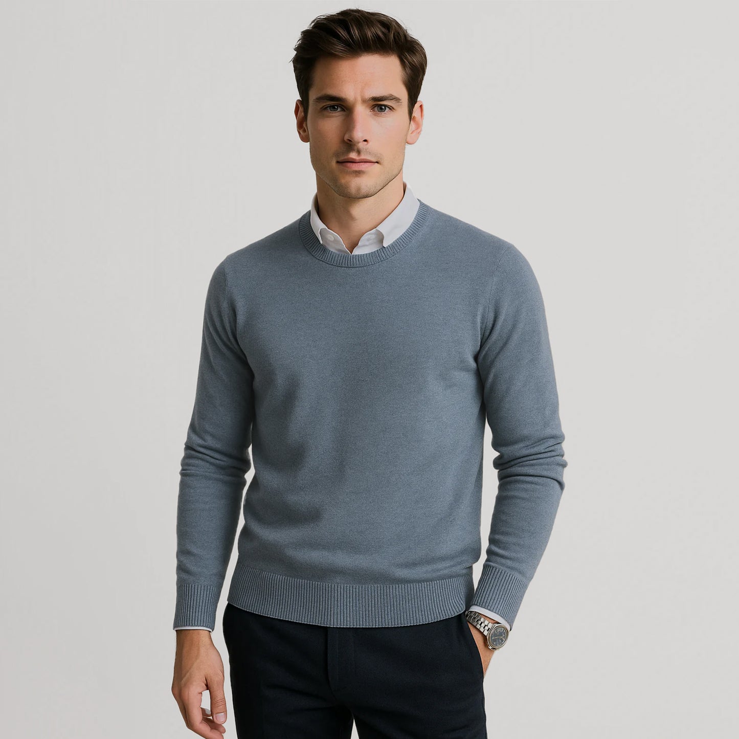 Suéter Para Hombre Básico De Punto Fino Gris E55301 Marca Bobois®