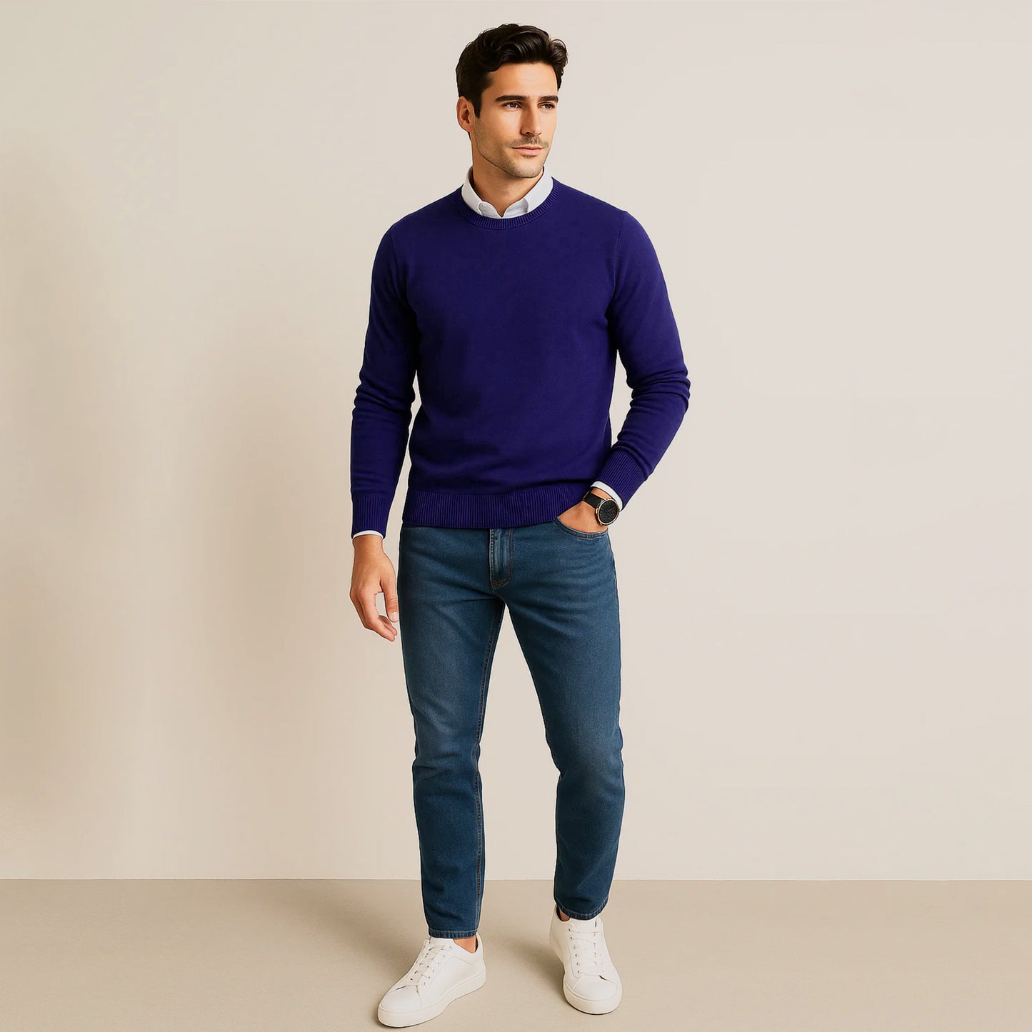 Suéter Para Hombre Básico De Punto Fino Marino E55301 Marca Bobois®