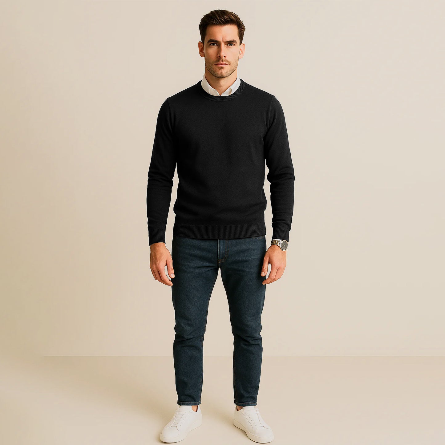 Suéter Para Hombre Básico De Punto Fino Negro E55301 Marca Bobois®