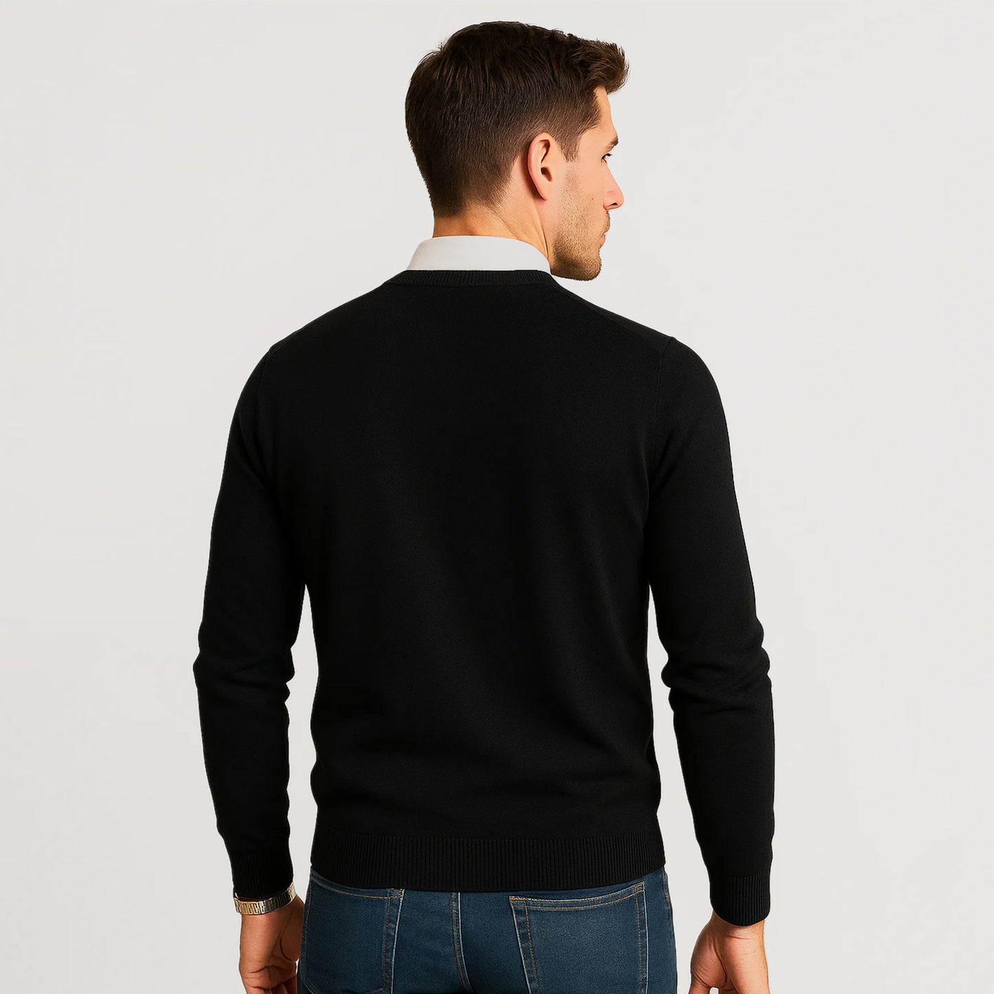 Suéter Para Hombre Básico De Punto Fino Negro E55301 Marca Bobois®