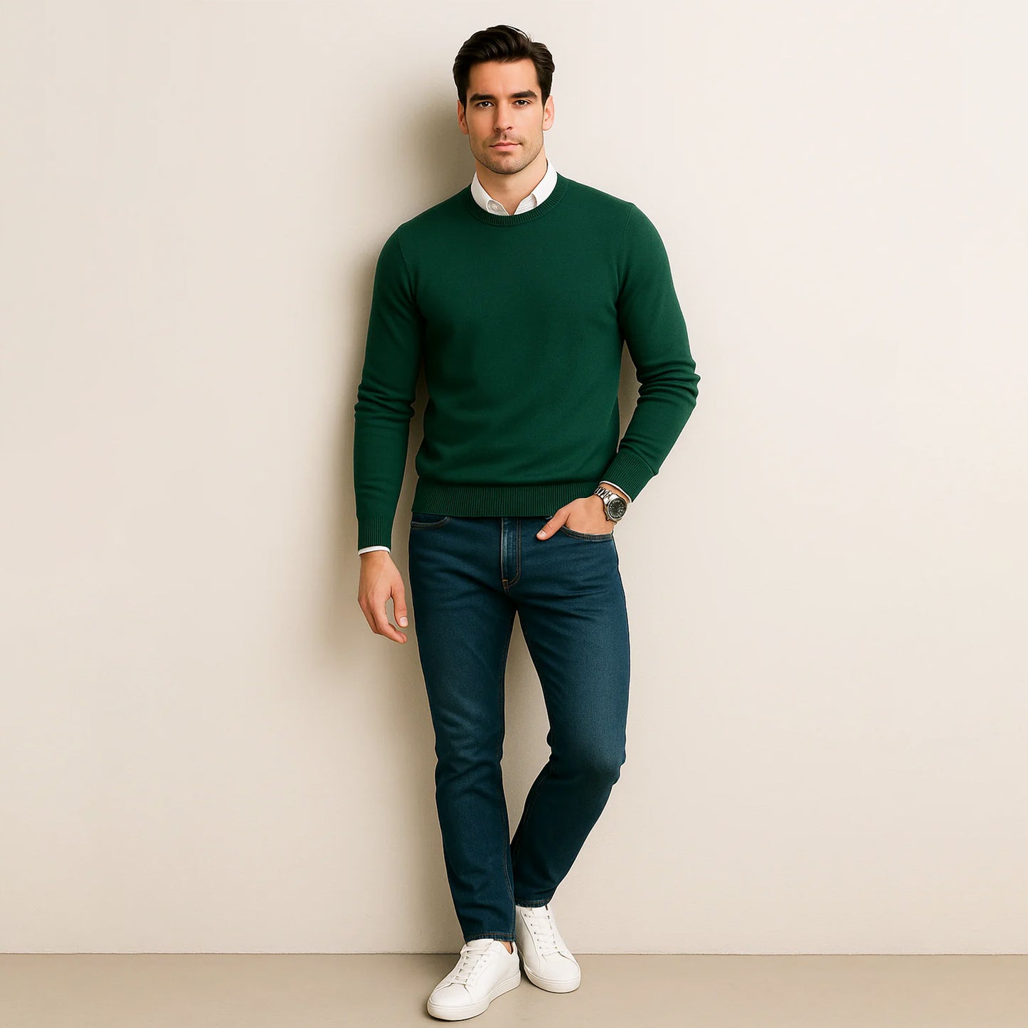 Suéter Para Hombre Básico De Punto Fino Verde E55301 Marca Bobois®