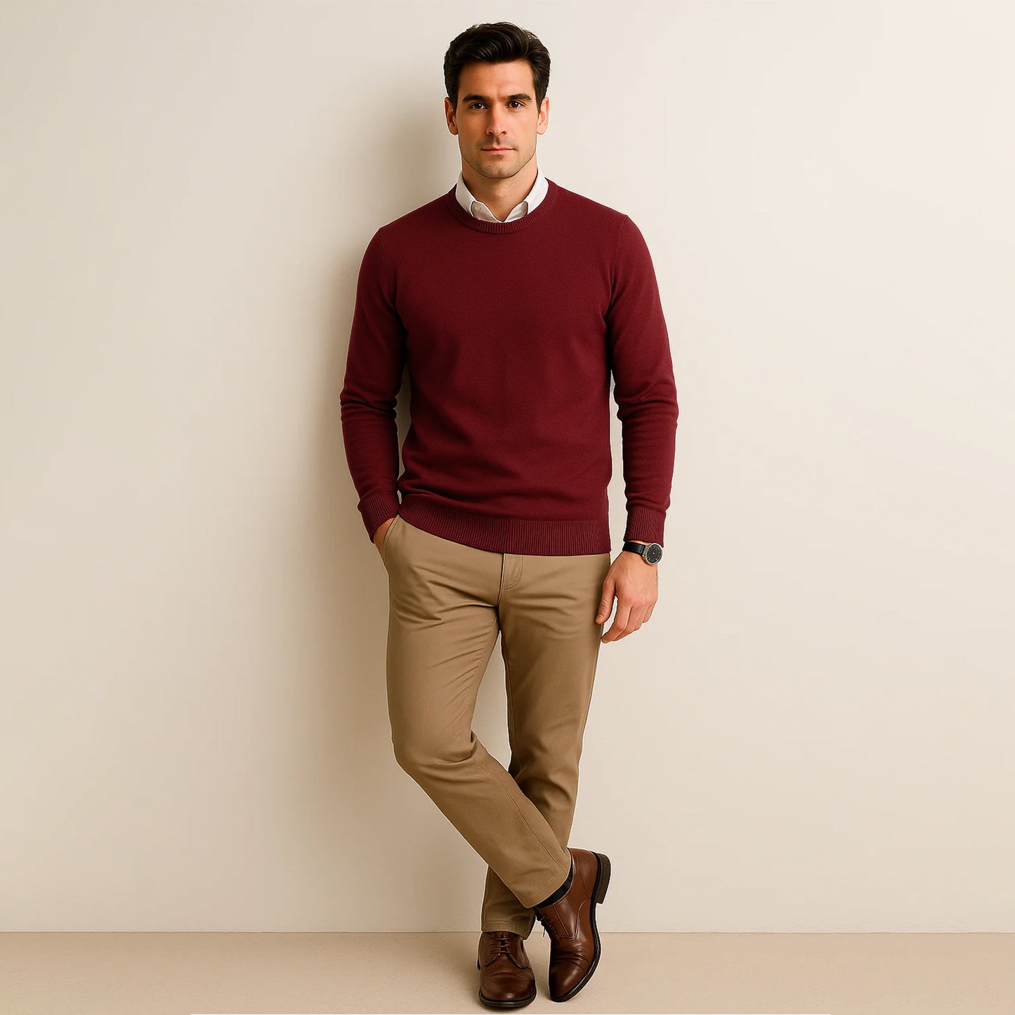 Suéter Para Hombre Básico De Punto Fino Vino E55301 Marca Bobois®